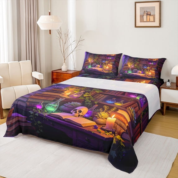 Homewish Death Skull Bed Sheets,Retro Bookshelf Full Size Sheets,Purple Gold,Halloween Bed Set,4 Pieces,1 Flat Sheet, 1 Fitted Sheet and 2 Pillowcases