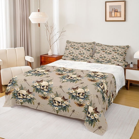Homewish Death Skull Queen Sheets,Floral Butterfly Dragonflies Queen Sheet Sets,Halloween Bed Set,4 Pieces,1 Flat Sheet, 1 Fitted Sheet and 2 Pillowcases