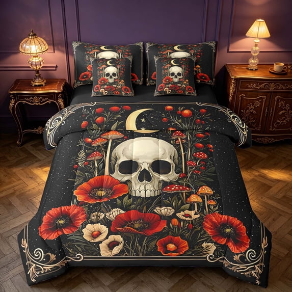 Homewish Death Skull Twin Bedding, Hippie Mushroom Flower Bedding Comforter Set, Black Reversible 7 Pieces