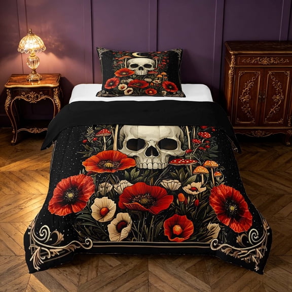 Homewish Death Skull Twin Comforter Sets, Hippie Mushroom Flower Bedding Set, Black Reversible 2pcs, 1 Comforter and 1 Pillowcase
