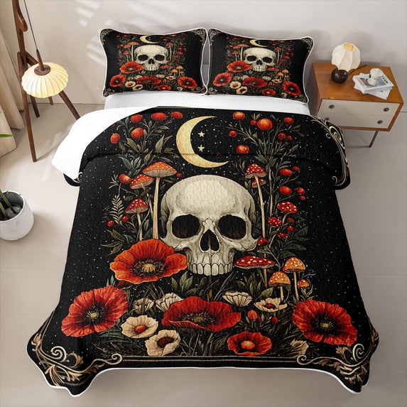 Homewish Death Skull Twin Quilt Set, Hippie Mushroom Flower Twin Coverlet Set, 2 Pieces 1 Bedspread and 1 Pillowcase