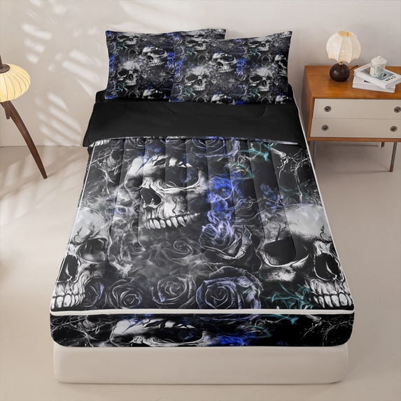 Homewish Death Skull Zipper Full Size Comforter Sets with Fitted Sheet and 2 Pillowcases,Navy Rose Flower Zipper Bedding Set,Halloween Bed Set,Black Reversible,4pcs