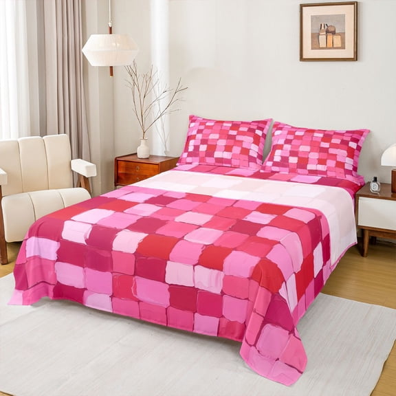 Homewish Deep Pink Square Bed Sheets, Abstract Buffalo Piald King Sheets, Vintage Oil Printing Sheet Set, 4-Piece