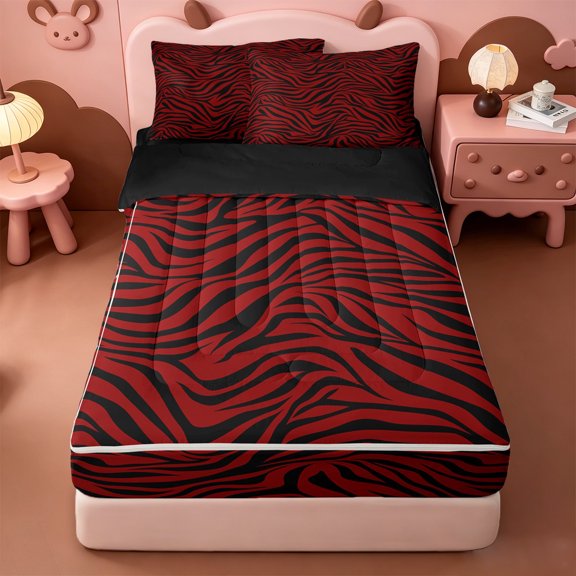Homewish Deep Red Zebra Zipper Twin Comforter Sets with Fitted Sheet and 2 Pillowcases,Retro Safari Animal Zipper Bedding Set For Girls,Black Reversible,4pcs