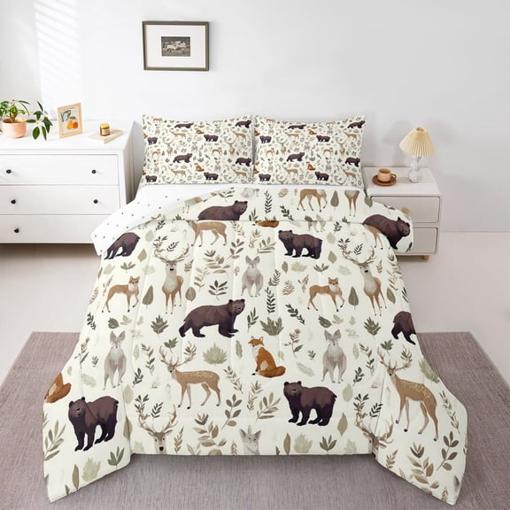Homewish Deer Bear Fox 2pcs Bedding Comforter Set For Teens Boys Girls,Jungle Animals Twin Comforter Sets,Tree Leaves Breathable Bedding Set,Breathable Home Decor,Reversible