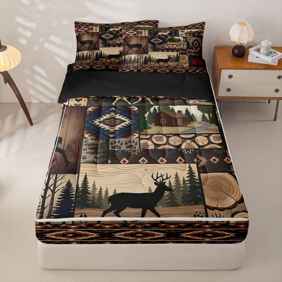 Homewish Deer Cabin Patchwork Zipper Twin Comforter Sets with Fitted Sheet and 2 Pillowcases For Men And Women,Rustic Woodland Zipper Bedding Set,Black Reversible,4 Pieces