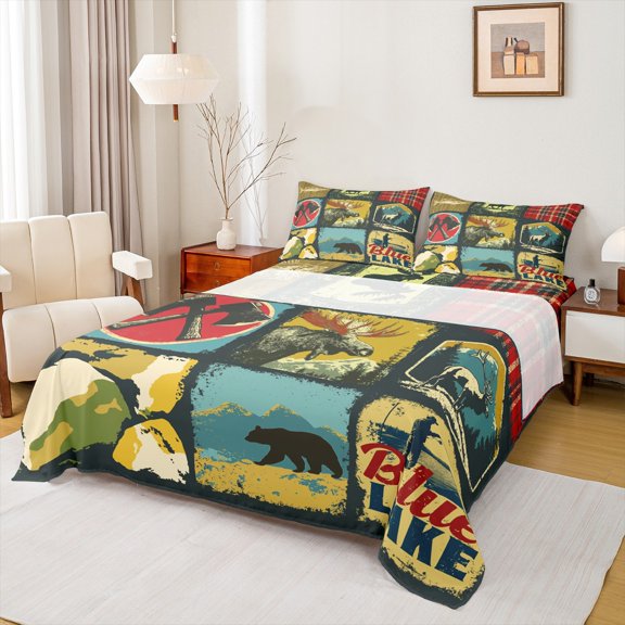 Homewish Deer Moose Bear Bed Sheets for Teens, Blue Lake King Sheets, Vintage Rustic Patchwork Sheet Set, Microfiber Bedroom Decor, 4-Piece