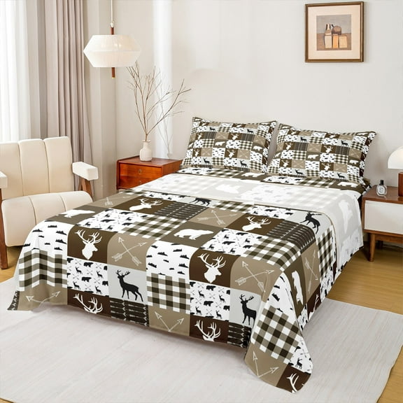 Homewish Deer Moose Bear Bed Sheets for Teens, Rustic Jungle Hunting King Sheets, Brown Retro Plaid Sheet Set, Ultra Soft Bedroom Decor, 4 Pieces