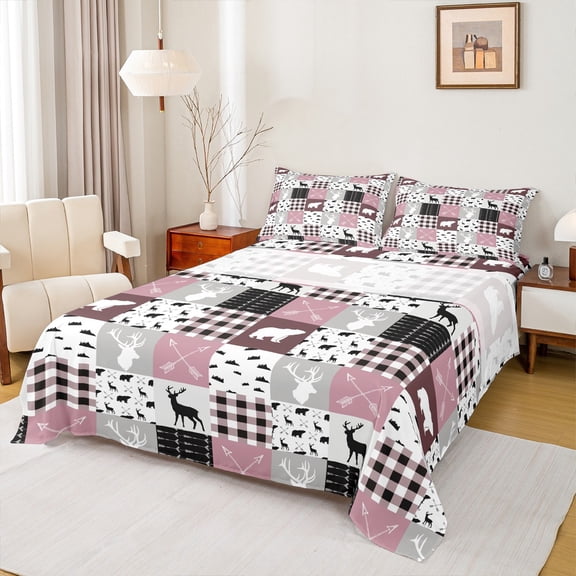 Homewish Deer Moose Bear Bed Sheets for Teens, Rustic Jungle Hunting King Sheets, Pink Rustic Plaid Sheet Set, Luxury Bedroom Decor, 4 Pieces