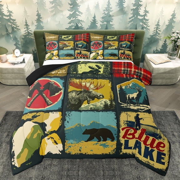 Homewish Deer Moose Bear Bedding Comforter Set for Teens, Blue Lake Twin Comforter Sets, Vintage Rustic Patchwork Reversible Bedding Set, Microfiber Bedroom Decor, 2-Piece