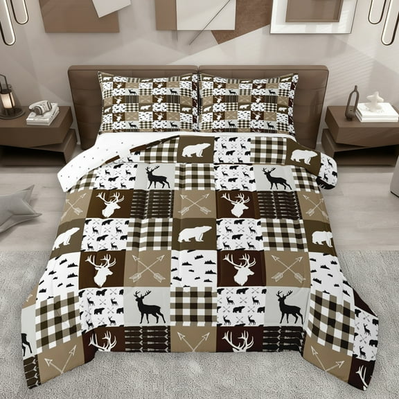 Homewish Deer Moose Bear Bedding Comforter Set for Teens, Rustic Jungle Hunting Twin Comforter Sets, Brown Retro Plaid Reversible Bedding Set, Ultra Soft Bedroom Decor, 2 Pieces