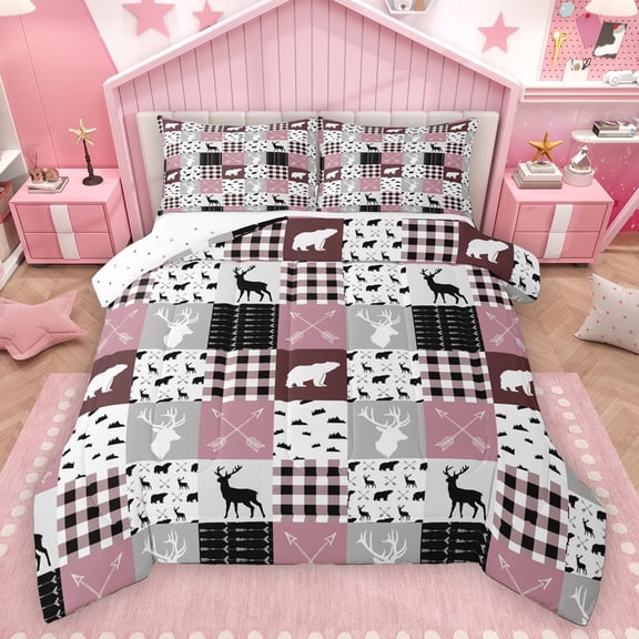 Homewish Deer Moose Bear Bedding Comforter Set for Teens, Rustic Jungle Hunting Twin Comforter Sets, Pink Rustic Plaid Reversible Bedding Set, Luxury Bedroom Decor, 2 Pieces
