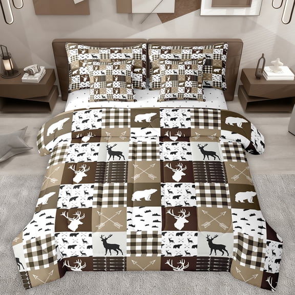 Homewish Deer Moose Bear Twin Bedding Sets 7-Piece for Teens, Rustic Jungle Hunting Bedding Comforter Set, Brown Retro Plaid Reversible Sheet Sets, Ultra Soft Bedroom Decor