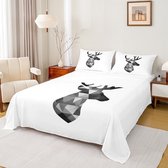 Homewish Deer Silhouette Twin Sheet Sets,Jungle Animal Elk Twin Fitted Sheet,Gray White 03 For Boys Kids,Luxury Bedroom Decor,3-Piece