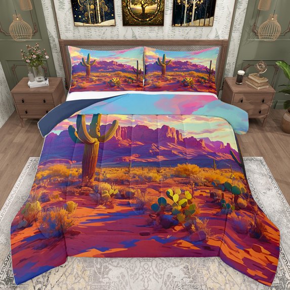 Homewish Desert Botanical Cactus Full Size Comforter Sets,Western Cowboy Tribal Bedding Comforter Set,Natical Landscape Bedding Sets For Men Women,Microfiber Bedroom Decor Reversible,3pcs