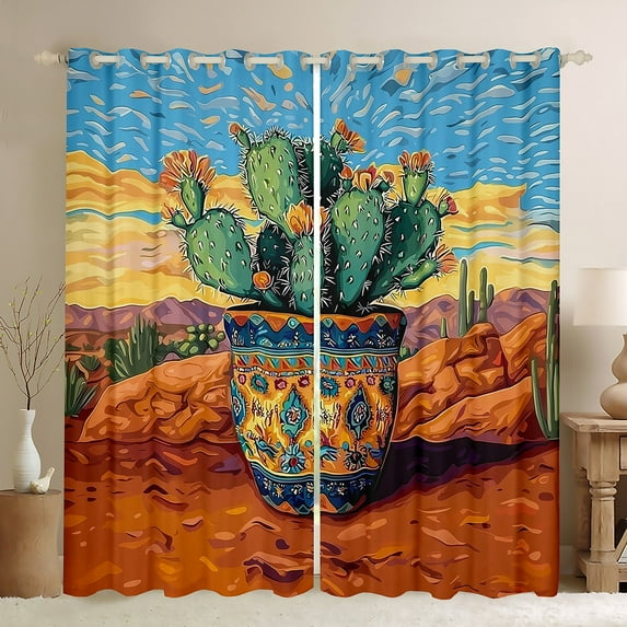 Homewish Desert Plant Cactus Black Out Curtains,Tropical Botanical Curtains Pack of 2 (42x63 Each),Orange Green Bedroom Curtains For Girls Kids,Breathable Home Decor