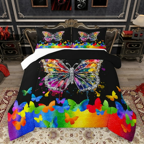 Homewish Diamond Butterfly Printed Queen Comforter Set,Watercolor Splash Ink Bedding Sets,Painting Artistic Bedding Comforter Set For Girl Kids,Luxury Bedroom Decor,3 Pieces