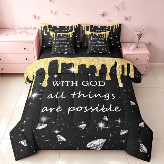 Homewish Diamonds Blings Full Size Bedding Sets for Girls, With God All Things Are Possible Print Full Size Bed in a Bag, Yellow Black, Black Reversible, 7pcs