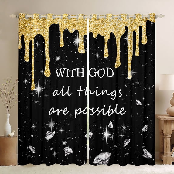 Homewish Diamonds Blings Kitchen Curtains for Girls, With God All Things Are Possible Print Black Out Curtains Pack of 2 (42x63 Each), Yellow Black