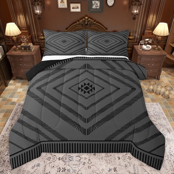 Homewish Dimgrey Aztec Adult Queen Comforter Set, Chic Rectangle Abstract Bedding Sets, Mid Century Old Fashion Reversible Bedding Comforter Set, Lightweight Room Decor, 3pcs