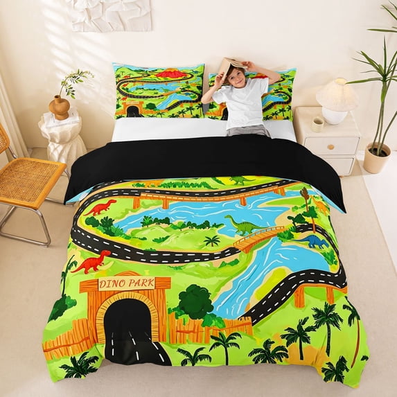 Homewish Dino Park Map Bedding,Cartoon Wildlife Duvet Cover Full,Green,Black Reversible,3pcs,1 Duvet Cover and 2 Pillowcases