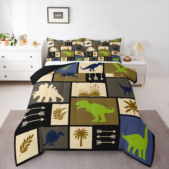 Homewish Dino Patchwork Grid Queen Comforter Set,Retro Animal Comforter Sets Queen,Beige,Black Reversible,3pcs,1 Comforter and 2 Pillowcases