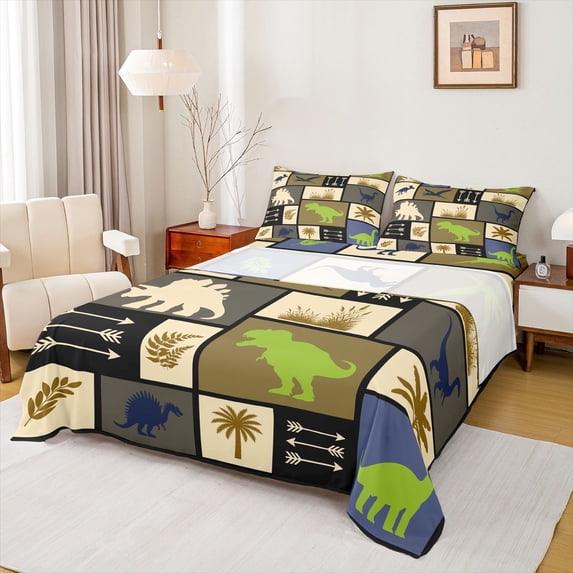 Homewish Dino Patchwork Grid Queen Sheets,Retro Animal Queen Sheet Sets,Beige,4pcs,1 Flat Sheet, 1 Fitted Sheet and 2 Pillowcases
