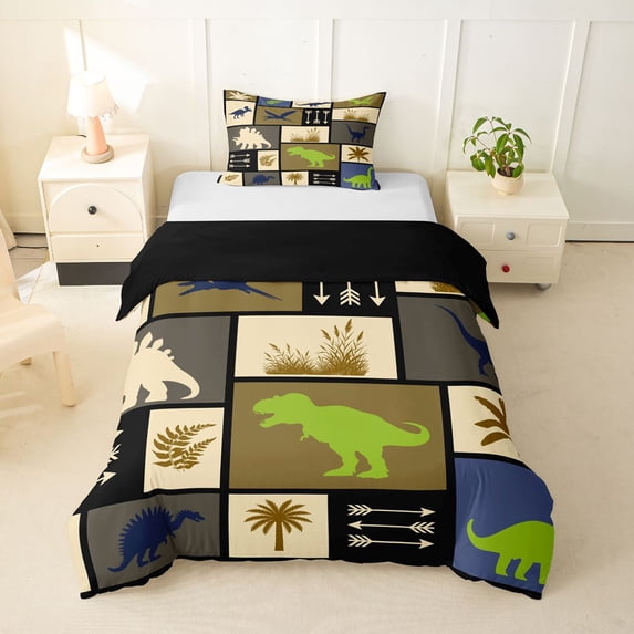 Homewish Dino Patchwork Grid Twin Duvet Cover,Retro Animal Twin Bedding,Beige,Black Reversible,2-Piece,1 Duvet Cover and 1 Pillowcase