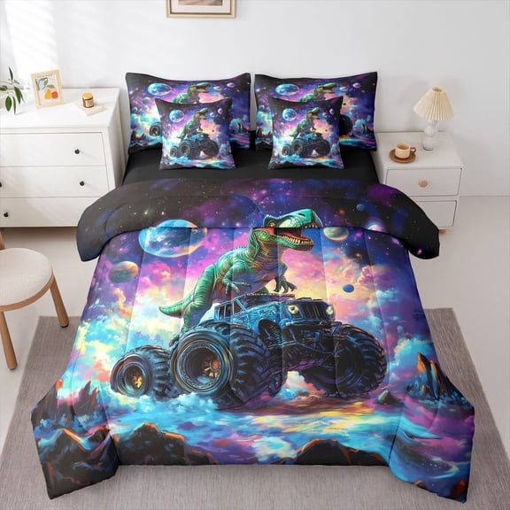 Homewish Dinosaur Monster Truck 7-Piece Twin Bedding,Vintage Animal Bedding Comforter Set,Blue Purple,Black Reversible