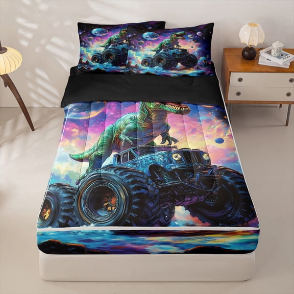 Homewish Dinosaur Monster Truck Zipper Full Size Comforter Sets with Fitted Sheet and 2 Pillowcases,Vintage Animal Zipper Bedding Set,Blue Purple,Black Reversible,4pcs