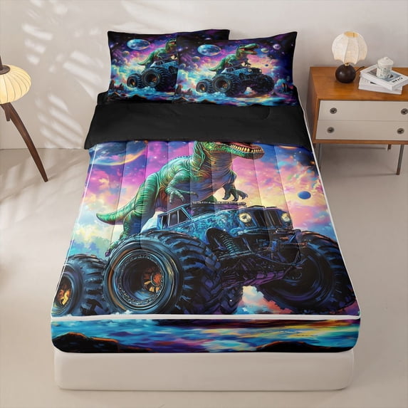 Homewish Dinosaur Monster Truck Zipper Twin Comforter Sets with Fitted Sheet and 2 Pillowcases,Vintage Animal Zipper Bedding Set,Blue Purple,Black Reversible,4pcs