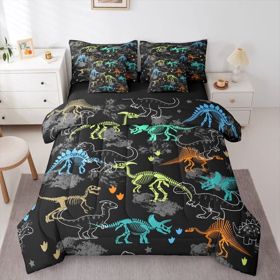 Homewish Dinosaur Skeleton 7-Piece King Bedding,Neon Stripes King Bed in a Bag,Black,Black Reversible