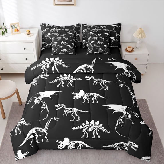 Homewish Dinosaur Skeleton 7 Pieces Full Size Bedding Sets,Vintage Wildlife Full Size Bed in a Bag,Black White,Black Reversible