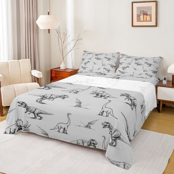 Homewish Dinosaur Sketch Bed Sheets,Minimalist Wild Animal Full Size Sheets,4-Piece,1 Flat Sheet, 1 Fitted Sheet and 2 Pillowcases