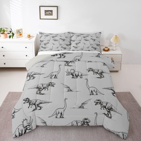 Homewish Dinosaur Sketch Full Size Comforter Sets,Minimalist Wild Animal Bedding Comforter Set,Light Gray Reversible,3-Piece,1 Comforter and 2 Pillowcases