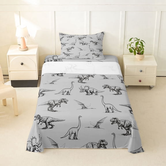 Homewish Dinosaur Sketch Twin Sheets,Minimalist Wild Animal Bedding,3pcs,1 Fitted Sheet and 1 Pillowcase