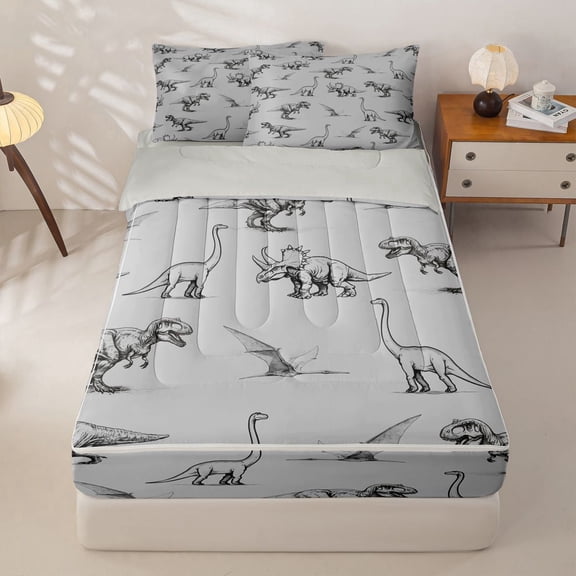 Homewish Dinosaur Sketch Zipper Twin Comforter Sets with Fitted Sheet and 2 Pillowcases,Minimalist Wild Animal Zipper Bedding Set,Light Gray Reversible,4pcs