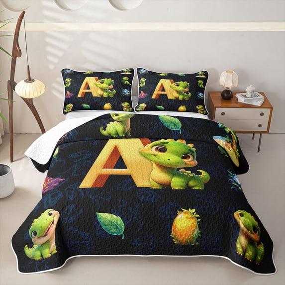 Homewish Dinosaur Twin Quilt Set for Boys Girls, Dino Letter A Twin Coverlet Set