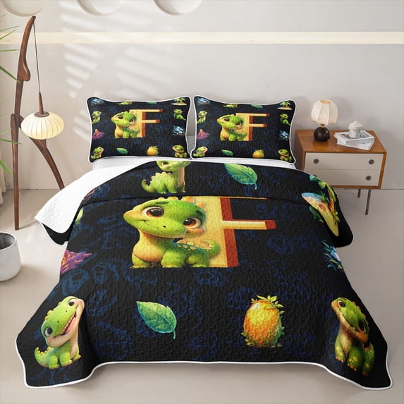 Homewish Dinosaur Twin Quilt Set for Boys Girls, Dino Letter F Twin Coverlet Set