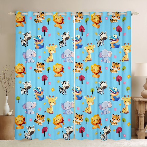 Homewish Dinsaur Tiger Zebra Curtains Pack of 2 (42x84 Each),Cute Zoo Animal Curtains Blackout,Blue Gray Orange Bedroom Curtains For Boys Kids,Breathable Home Decor