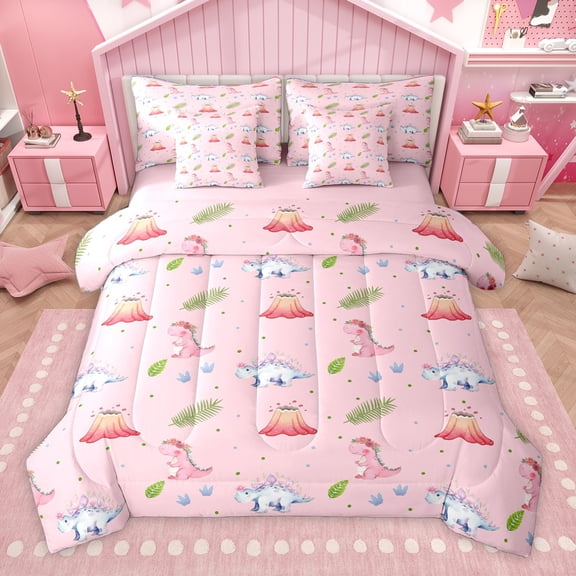 Homewish Dinosaurs Print 7-Piece Twin Bedding Sets,Jungle Dino Bedding Comforter Set,Tropical Monstera Leaf Plam Sheet Sets For Teens Boys,Luxury Bedroom Decor Reversible