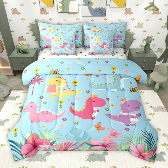 Homewish Dinosaurs Print 7pcs Bedding Comforter Set,Jungle Dino Queen Bedding Sets,Colorful Cartoon Daisy Queen Sheet Sets For Teens Boys,Luxury Bedroom Decor Reversible