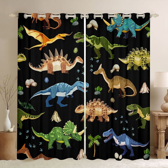 Homewish Dinosaurs Print Black Out Curtains,Jungle Dino Curtains Pack of 2 (42x63 Each),Green Brown Deepblue Bedroom Curtains For Teens Boys,Luxury Bedroom Decor