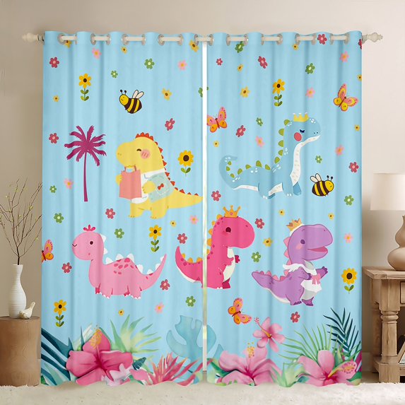 Homewish Dinosaurs Print Curtains Pack of 2 (42x84 Each),Jungle Dino Curtains Blackout,Colorful Cartoon Daisy Bedroom Curtains For Teens Boys,Luxury Bedroom Decor