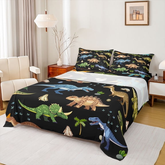 Homewish Dinosaurs Print Queen Sheet Sets,Jungle Dino Flat Sheet,Green Brown Deepblue Queen Fitted Sheet For Teens Boys,Luxury Bedroom Decor,4pcs