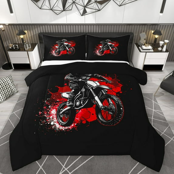 Homewish Dirt Bike 3 Pieces Queen Comforter Set For Boys Girls,Abstract Red Splash Ultra Soft Bedding Sets,Geometric Honeycomb Bedding Comforter Set,Super Cozy Room Decor,Reversible