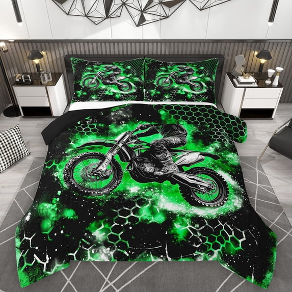 Homewish Dirt Bike 3 Pieces Queen Comforter Set For Children Kids Teens,Abstract Green Honeycomb Ultra Soft Bedding Sets,Extreme Sport Bedding Comforter Set,Breathable Home Decor,Reversible