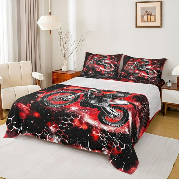 Homewish Dirt Bike 4 Pieces Queen Sheet Sets For Children Kids Teens,Abstract Red Honeycomb Ultra Soft Flat Sheet,Extreme Sport Queen Fitted Sheet,Breathable Home Decor