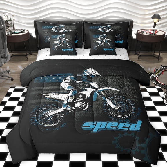 Homewish Dirt Bike 7-Piece Bedding Comforter Set,Speed Motorcycle Motocross King Bedding Sets,Extreme Sport Bed Sheets For Boy,Microfiber Bedroom Decor