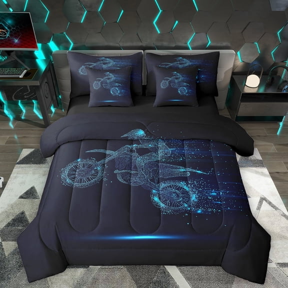 Homewish Dirt Bike 7 Pieces Bedding Comforter Set,Extreme Sport Full Bedding Set,Blue Black Fitted Sheet Flat Sheet Teens,Ultra Soft Home Decor Reversible